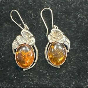 925 Poland sterling silver floral Baltic amber drop dangle 2” earrings